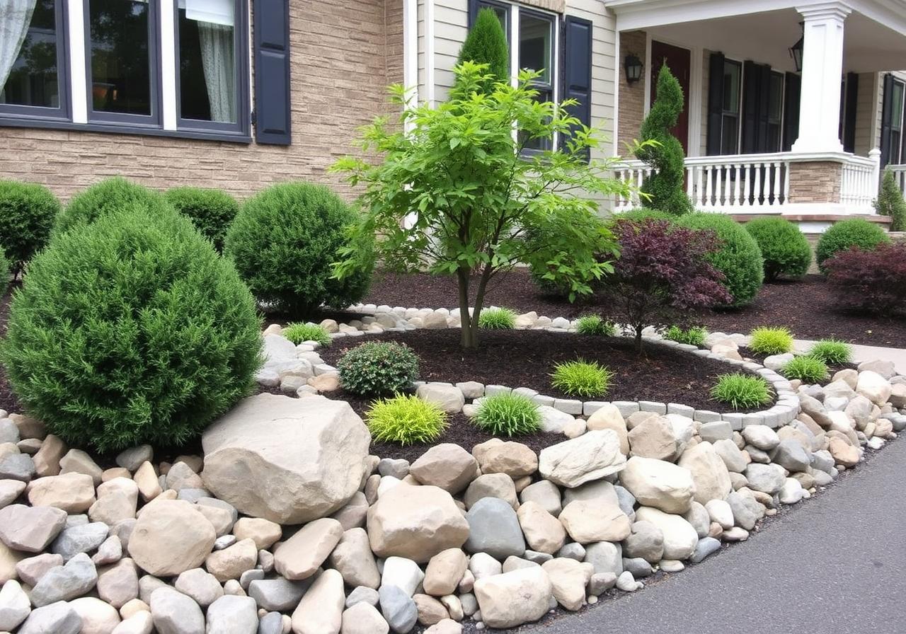 River rock & boxwood beds